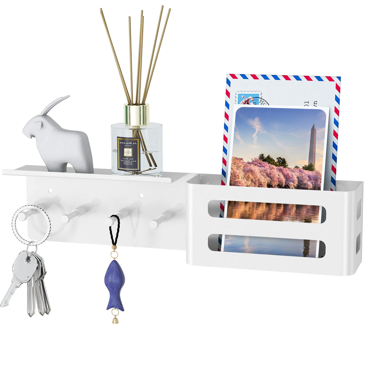 MKO Key Holder Wall Mount, Key Holder Wall Mount Adhesive with Mail Organizer Tray with 6 Key Hooks for Wall, Black