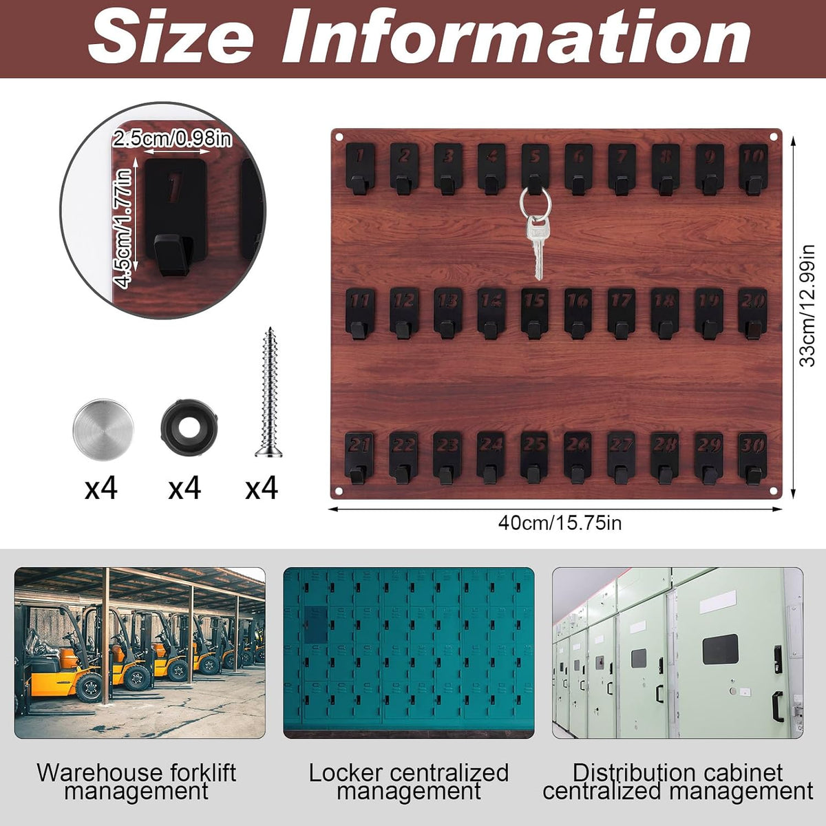 Beeveer Acrylic Key Holder Board with 30 Hooks, Wall Mount Organizer,Walnut