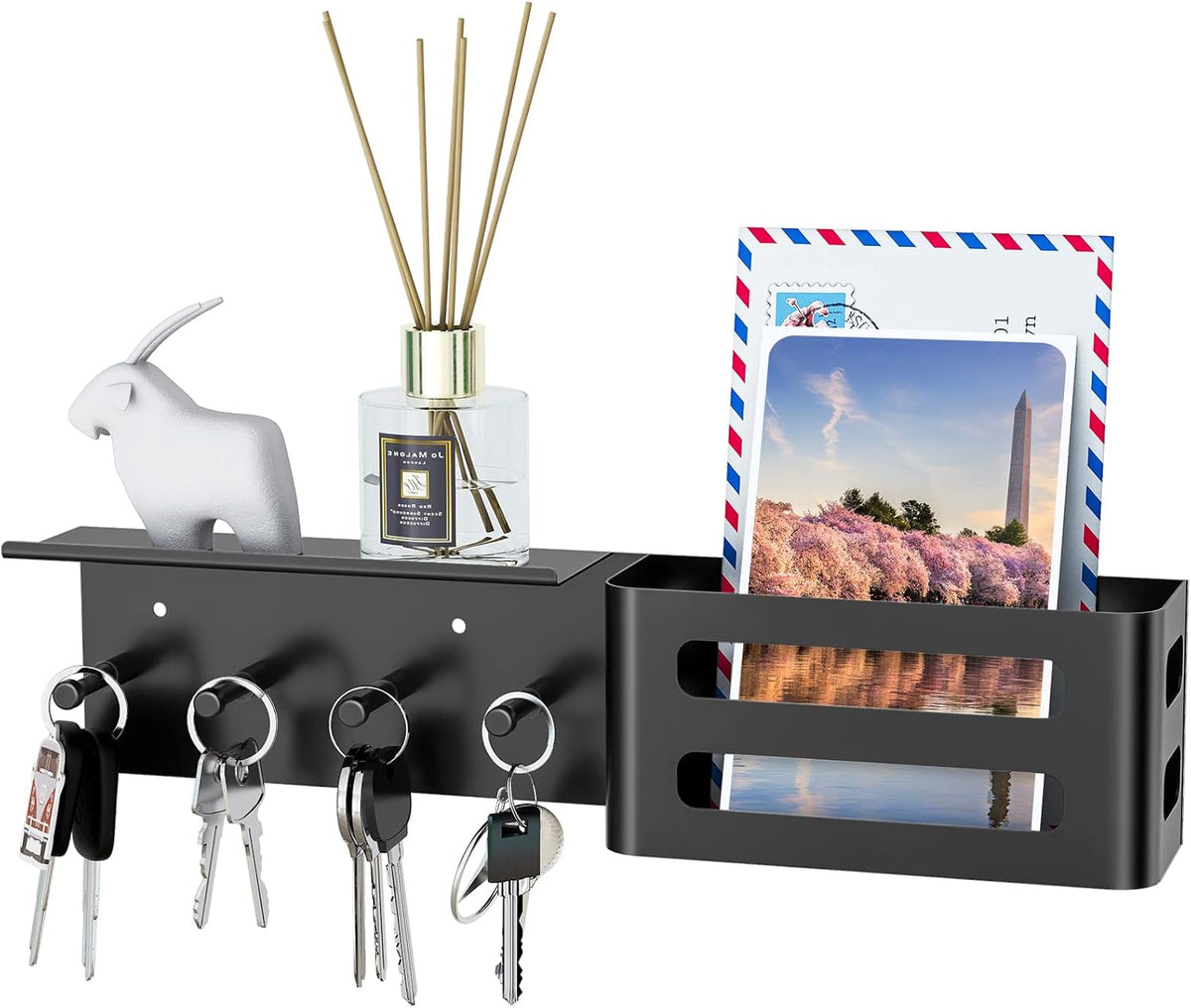 MKO Key Holder Wall Mount, Adhesive Key Hanger with 4 Hooks for Wall, Black