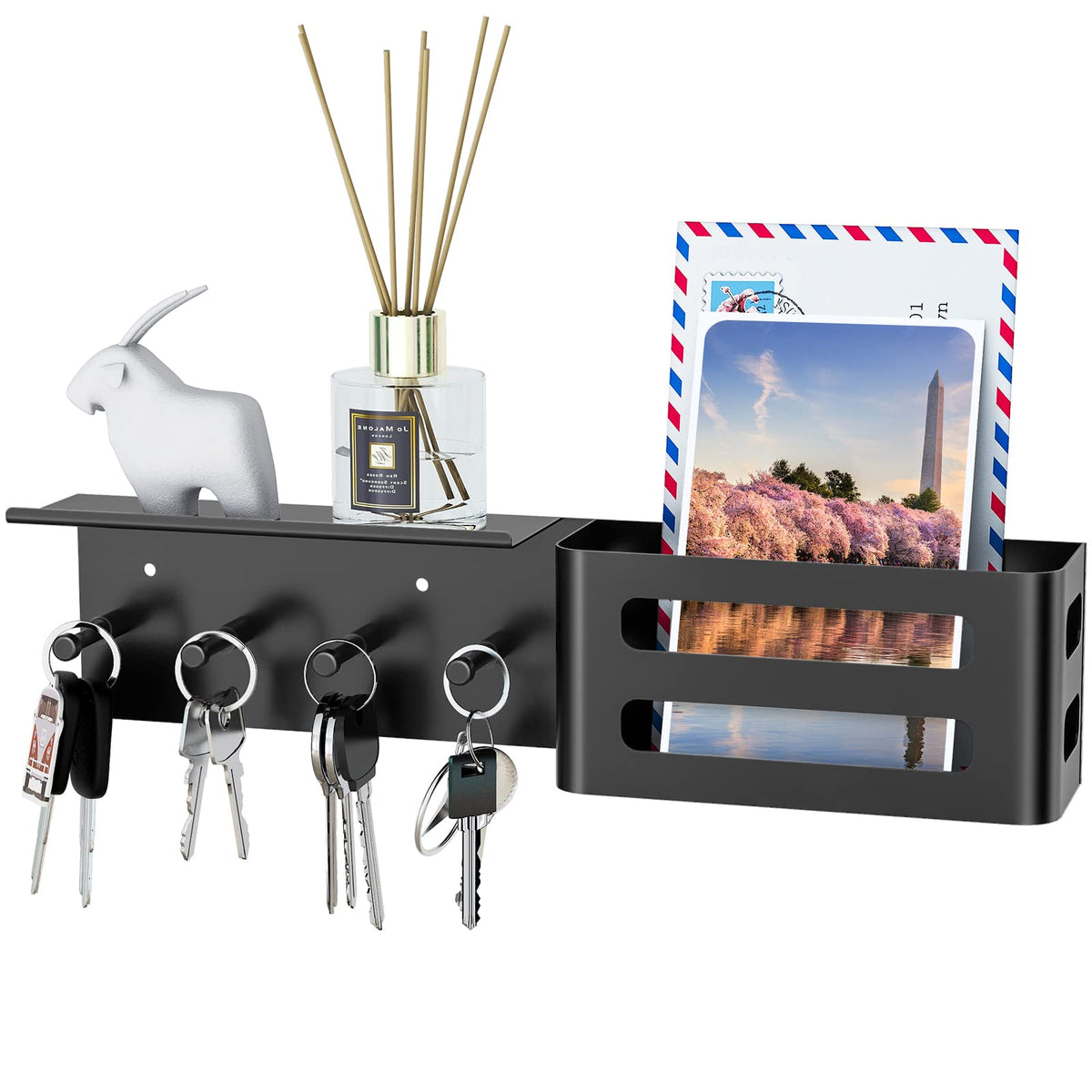 MKO Key Holder Wall Mount, Adhesive Key Hanger with 4 Hooks for Wall, Black