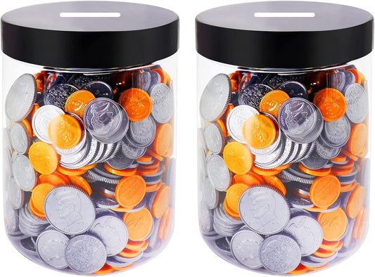 Large Coin Bank Jar 2-Pack, Big Clear Plastic Coin Money Tip Change Saving Piggy Jar with Black Slotted Lid, Large Plastic Coins Piggy Money Change Clear Bank for Adults Teens Kids Girls Boys