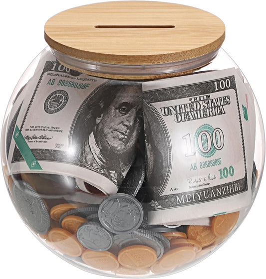 Laundry Room Coin Bank Jar with Money Slot and Wooden Lid for Adult