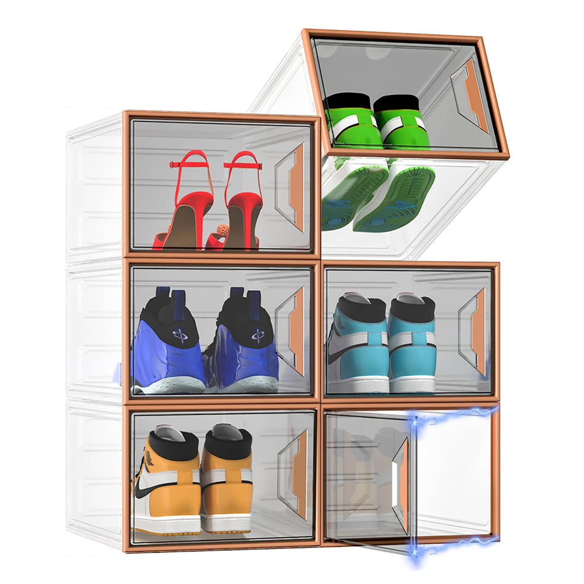 6 Pack Shoe Storage Box Organizer, Clear Thicken Stackable Plastic Shoe Boxes with Magnetic Door, Sturdy Shoe Containers for Sneakers Boots, Easy to Assemble, Fit up to US Size 12(13.2"×10.6"×7.5")