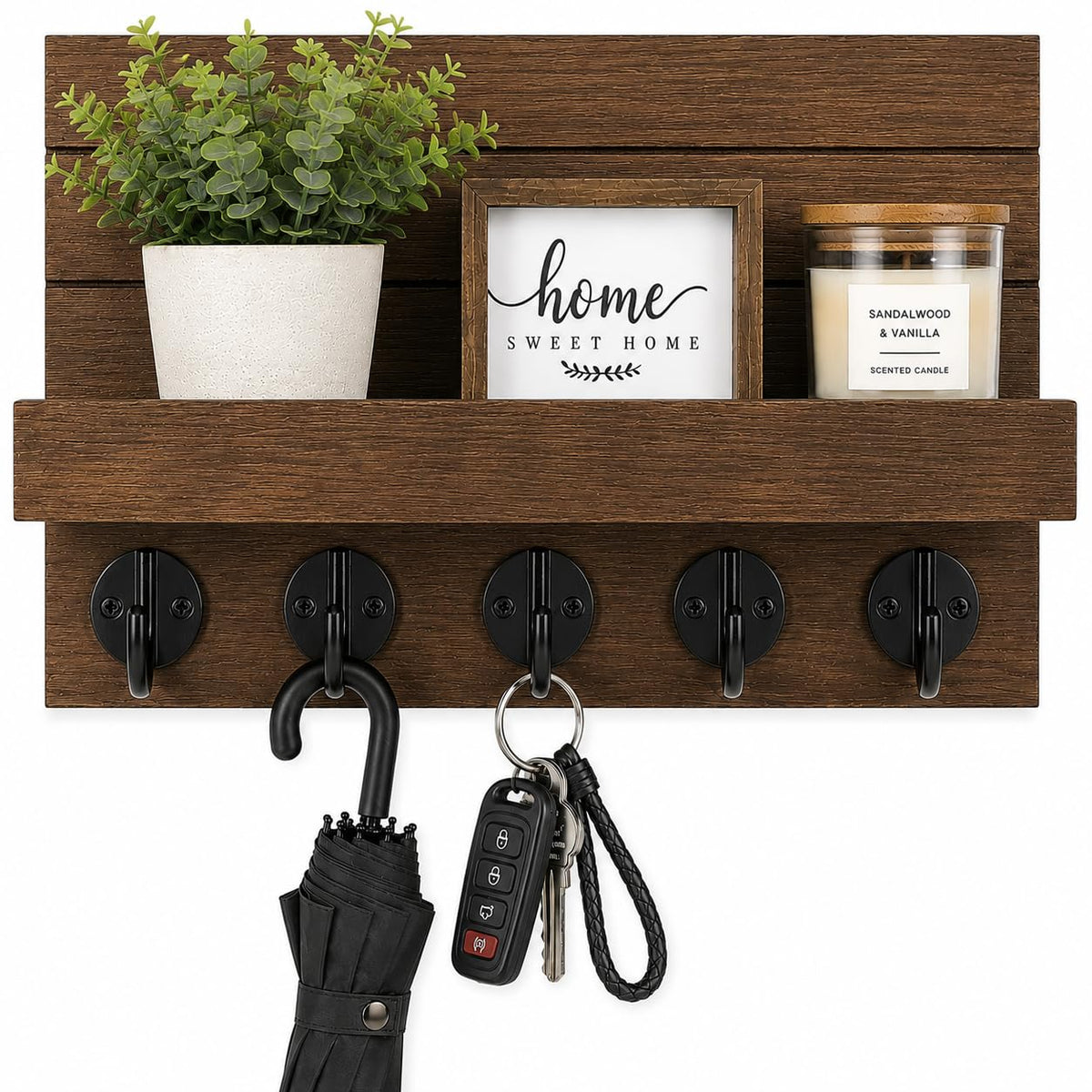 Key Holder for Wall, Decorative Key and Mail Holder, Key Holder Wall Mount with Shelf and Large Hooks, Easy Installation Key Rack for Entryway and Home Decor