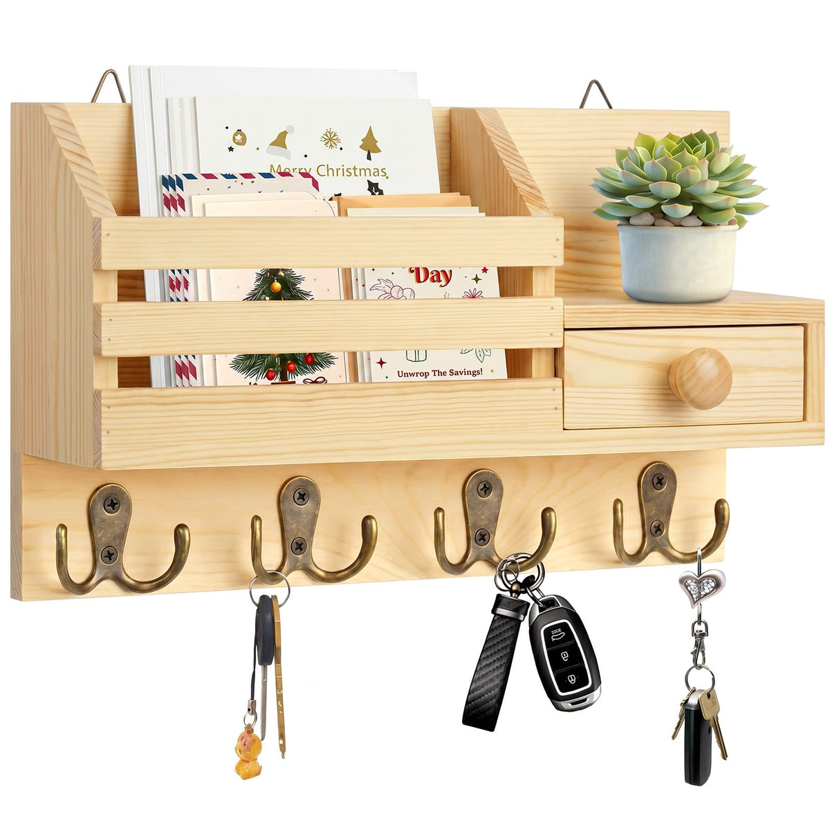Key Holder Wall Mount, Wooden Key and Mail Organizer, Black