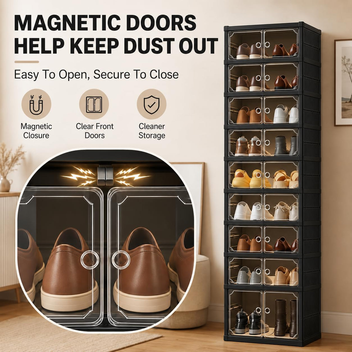 UFORU 9-Tier Black Foldable Shoe Rack,18-Pair Organizer with Magnetic Doors