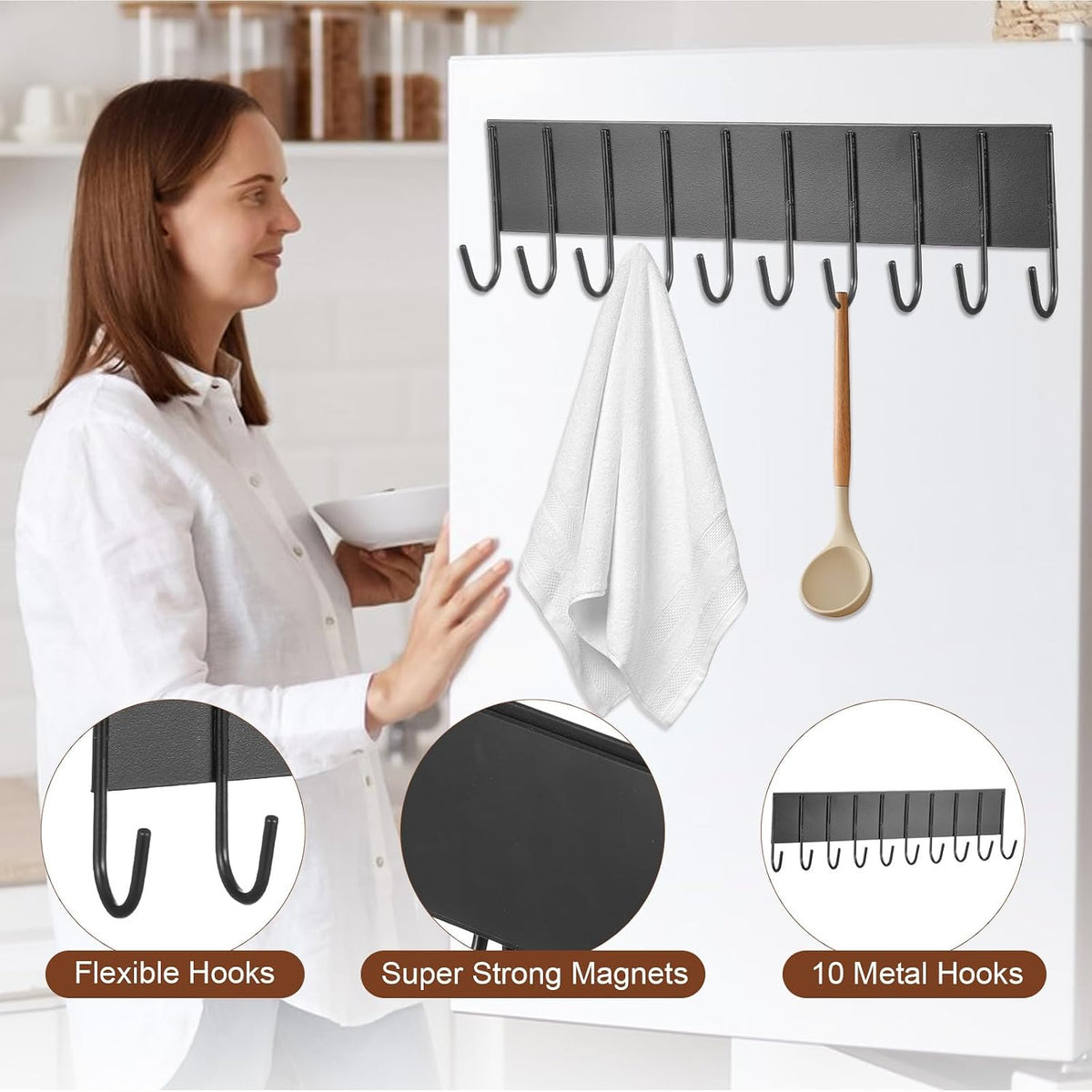 2 Pcs Magnetic Key Holder for Fridge with 10 Hooks, Magnetic Utensil Holder for Wall, Strong Magnetic Key Hanger Hooks Organizer, Magnent Key Rack for Kitchen Metal Door Garage Tools Towel Purse