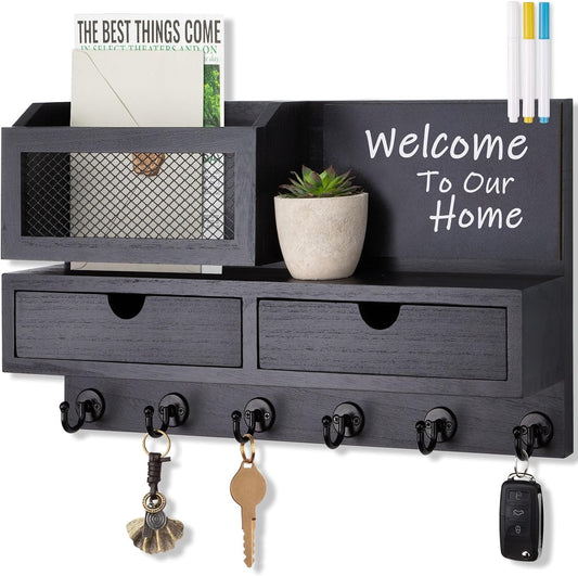Key Holder for Wall, Key and Mail Holder for Wall with Storage Drawer, Entryway Rustic Home Decor, 3 Liquid Chalks & Chalkboard, 15.98”W x 9.1”H x 3.3”D, Black