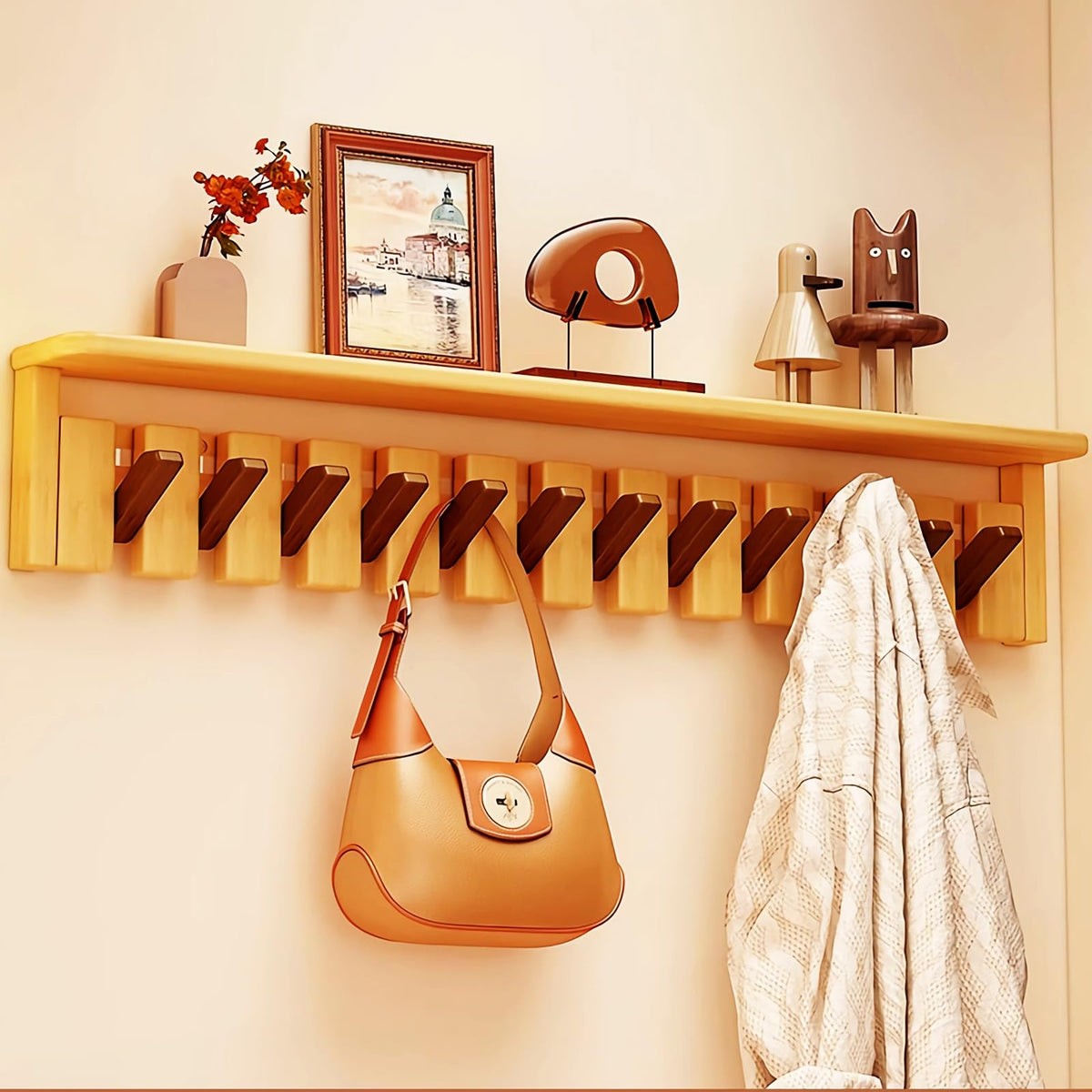 Paint Wood Wall Mounted Coat RackHooks Piano Key Hangers Natural Solid Wood Hanger Non-Woven Fabric Clothes Hangers for Closet, Kitchen, Bedroom, Bathroom, Entryway (Walnut-Beech, 8 Hooks)