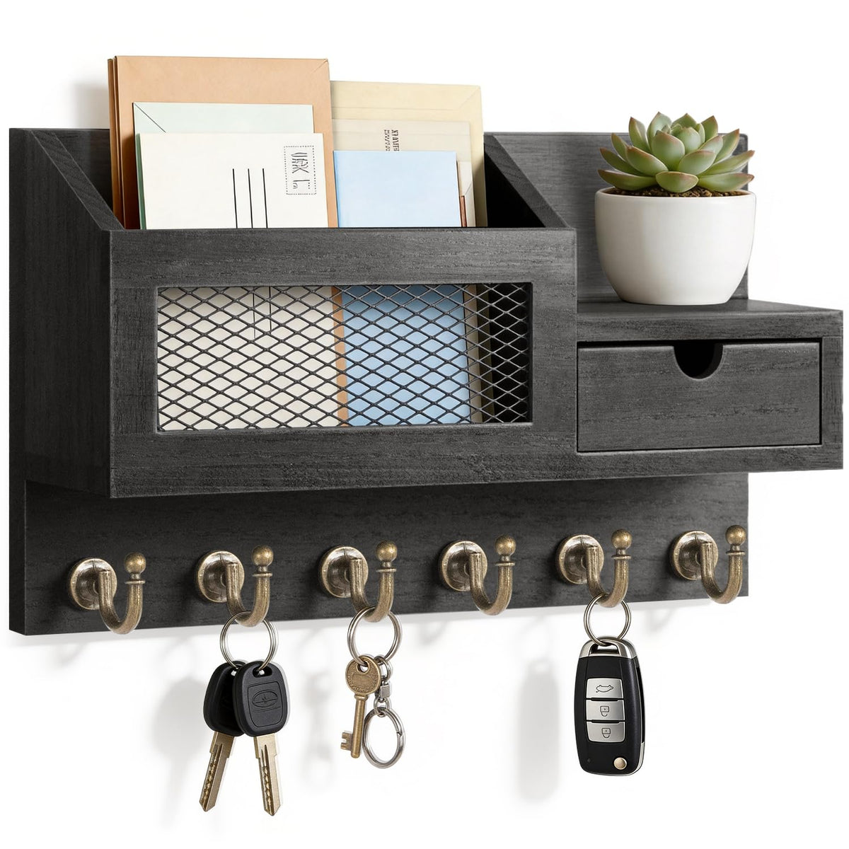 FifthQuarter Key Holder Wall Mount with Drawer and 6 Sturdy Hooks, A-Black