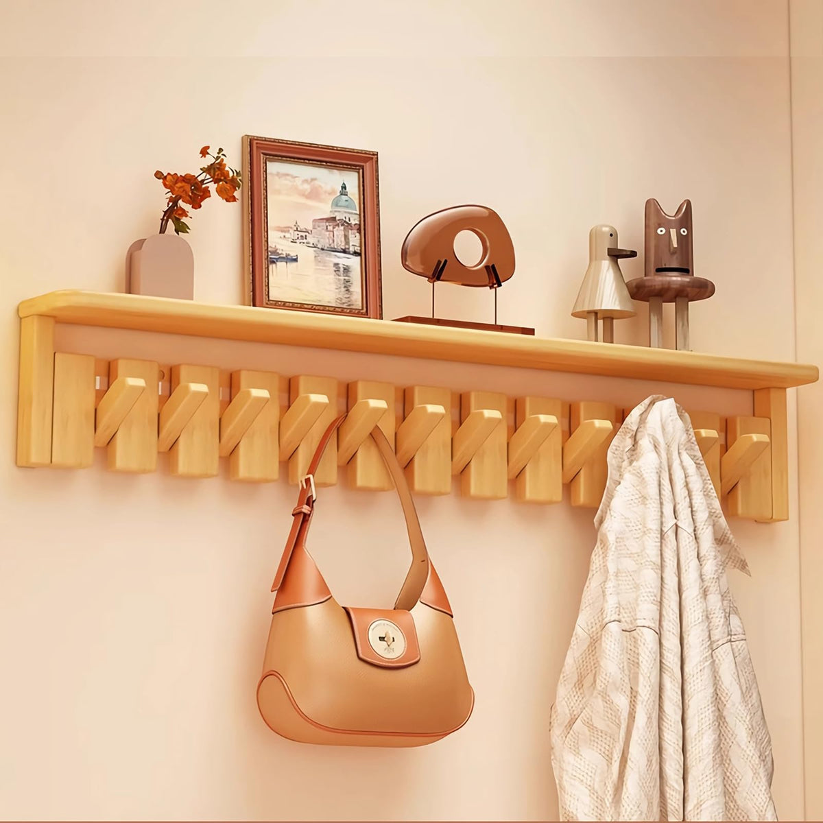 Paint Wood Wall Mounted Coat RackHooks Piano Key Hangers Natural Solid Wood Hanger Non-Woven Fabric Clothes Hangers for Closet, Kitchen, Bedroom, Bathroom, Entryway (Walnut-Beech, 8 Hooks)