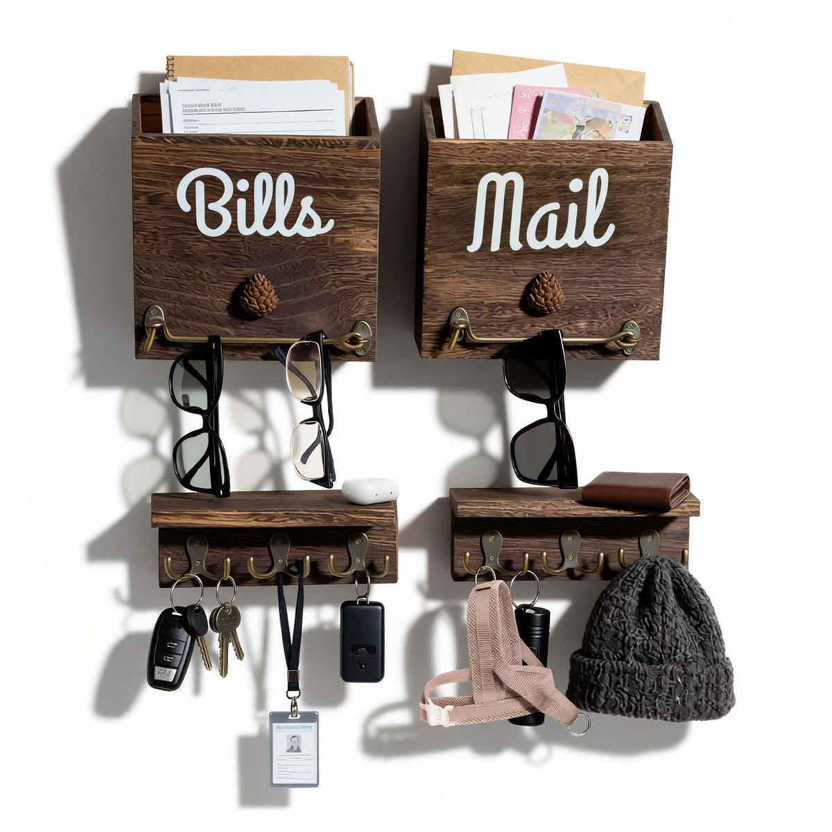 eBun Narrow Wood Mail Holder with 6 Key Hooks