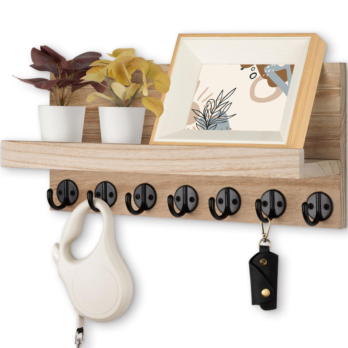 Lwenki Key Holder Wall Mount, Entryway Key and Mail Holder with 7 Sturdy Hooks for Sunglasses, Dog Leash, Decorative Wall Shelf with Mounting Hardware, 15”W x 6.7”H x 4.2”D