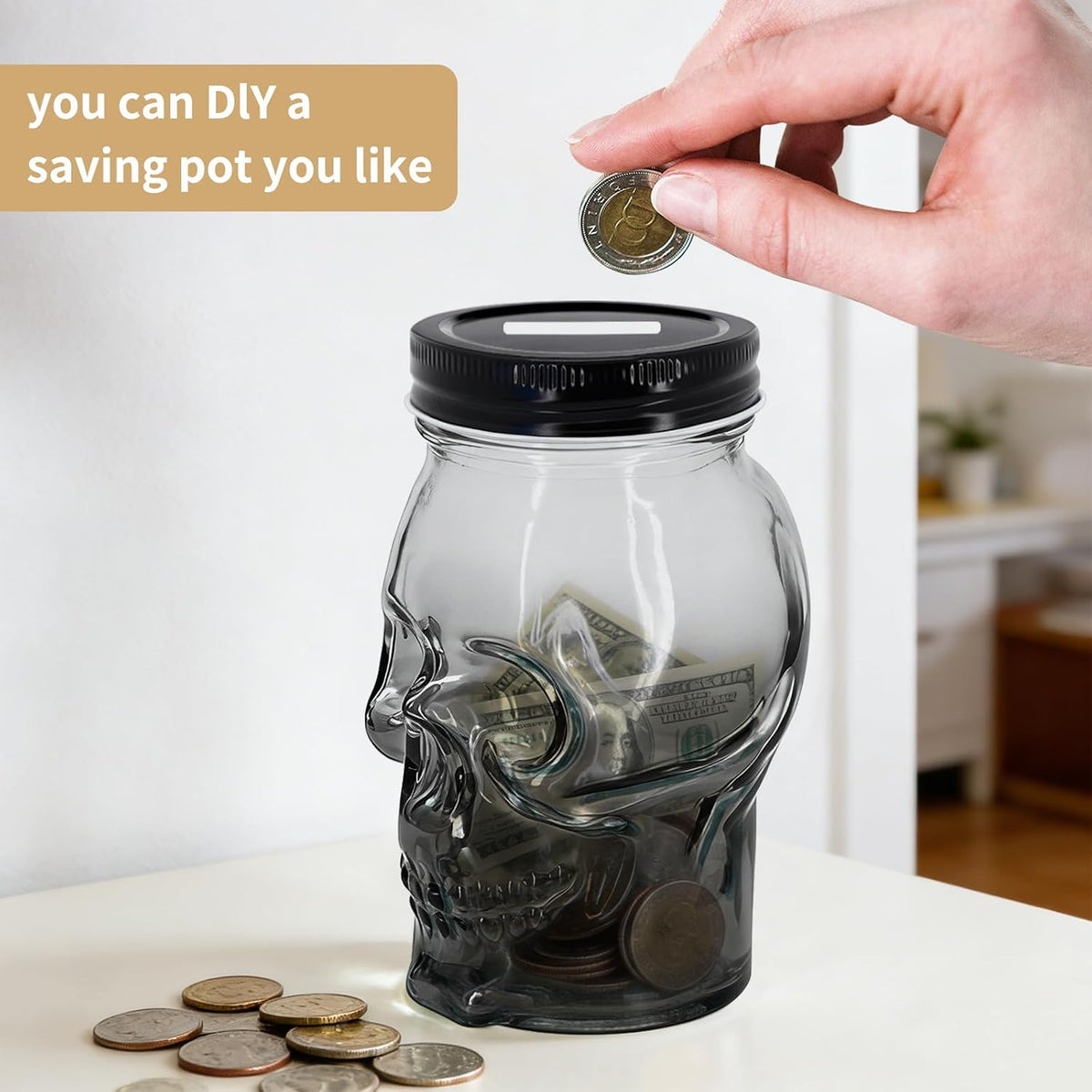 1Pack 16 OZ Skull Glass Coin Bank with Metal Lid, Clear Glass Skull Money Jar with Coin Slot, Decorative Savings Jar, Halloween & Home Décor (Black)