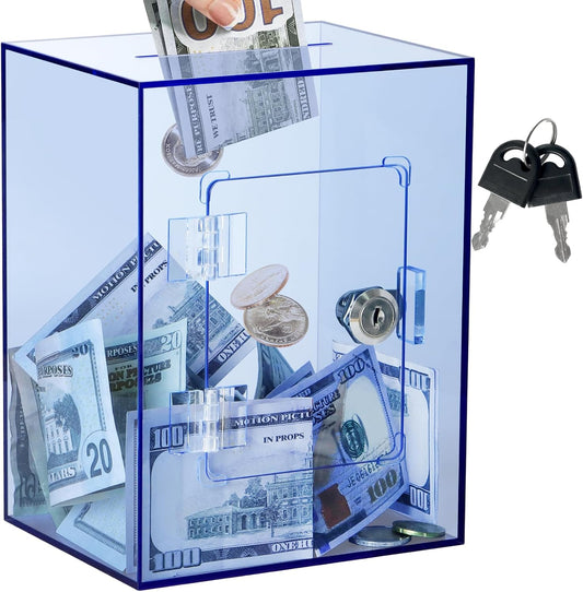 Imeepa Clear Acrylic Piggy Bank with Lock & Key, Money Box - Blue