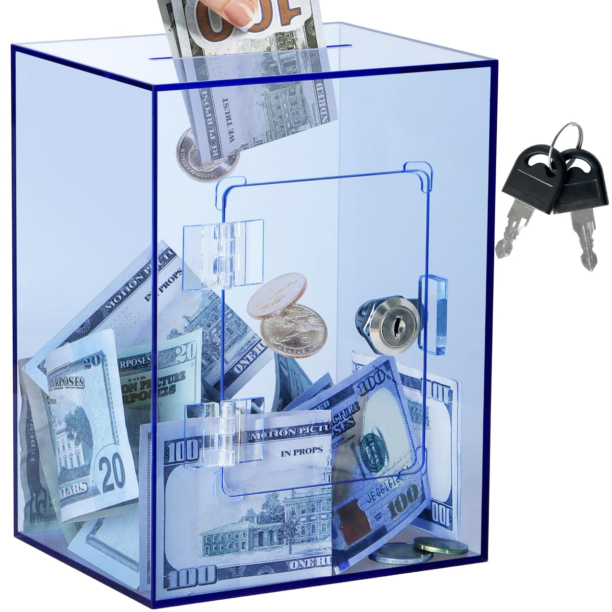Imeepa Clear Acrylic Piggy Bank with Lock & Key, Money Box - Blue