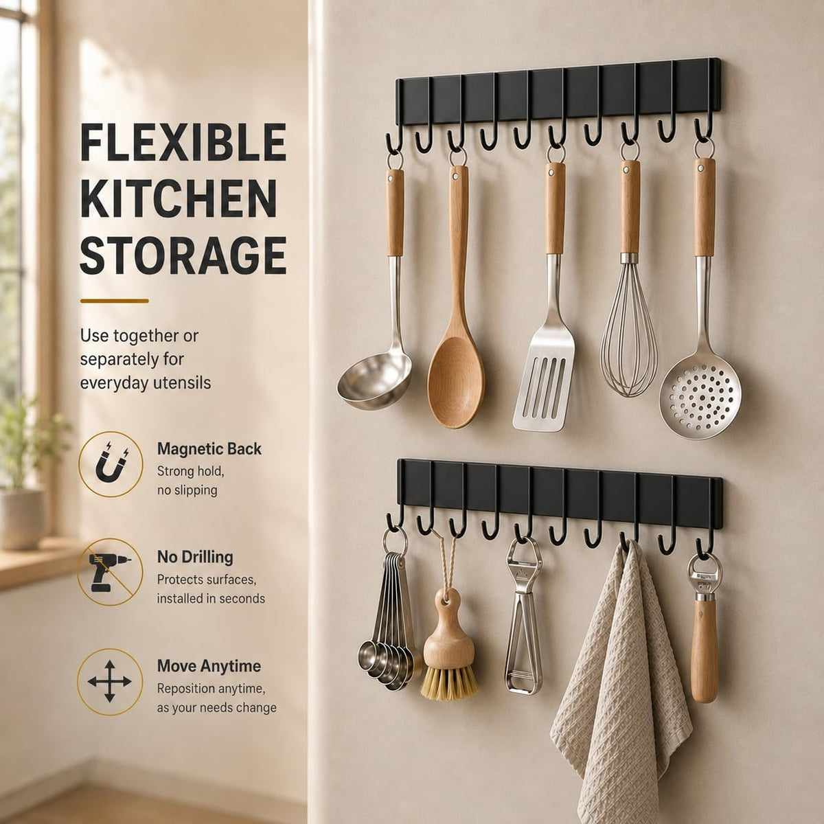 Magnetic Key Holder For Fridge With 10 Hooks, Magnetic Utensil Holder For Wall, Strong Magnetic Key Hanger Hooks Organizer, Magnent Key Rack For Kitchen Metal Door Garage Grill Tools Coat Towel Purse