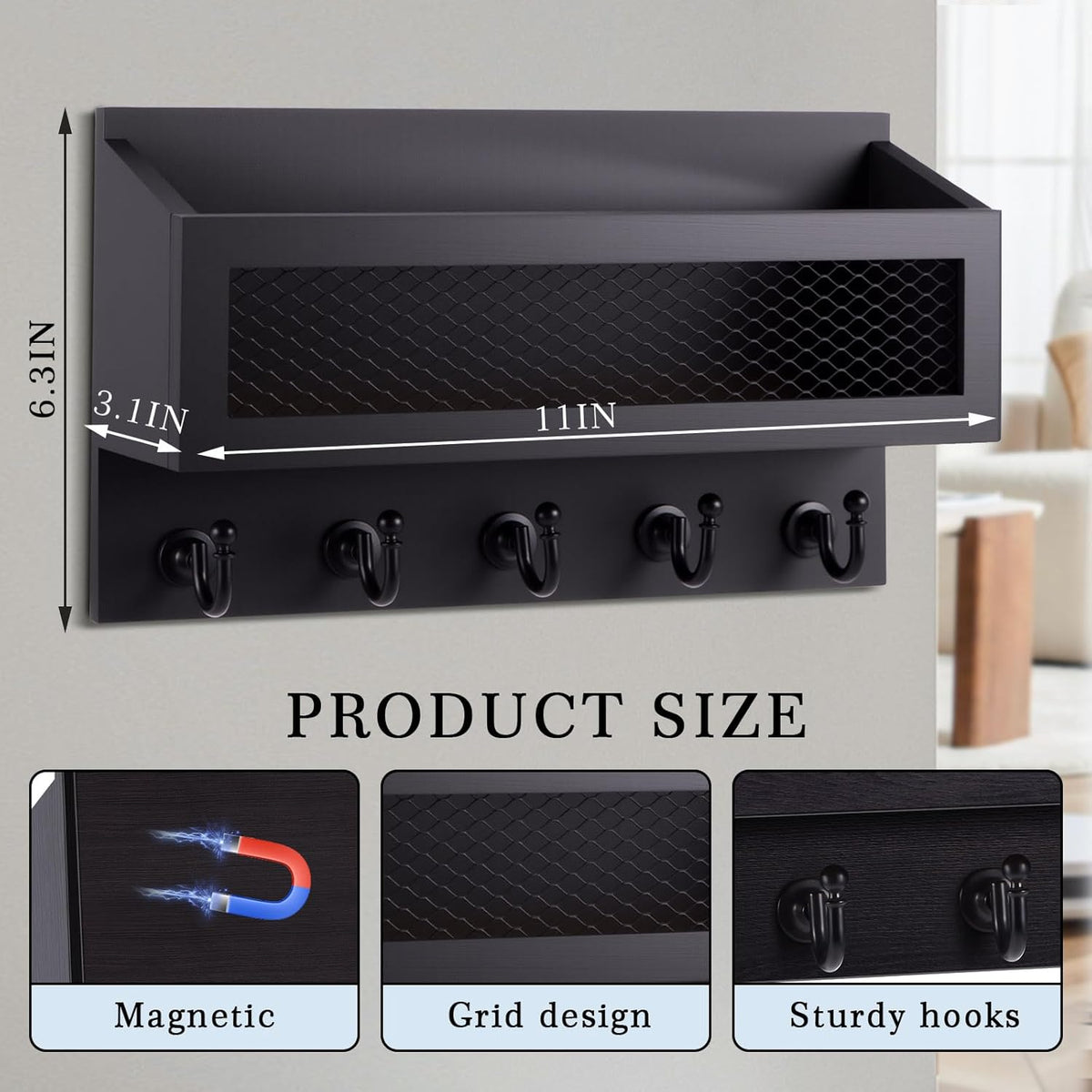 Colingmill Magnetic Mail and Key Holder with 5 Hooks for Wall, Black