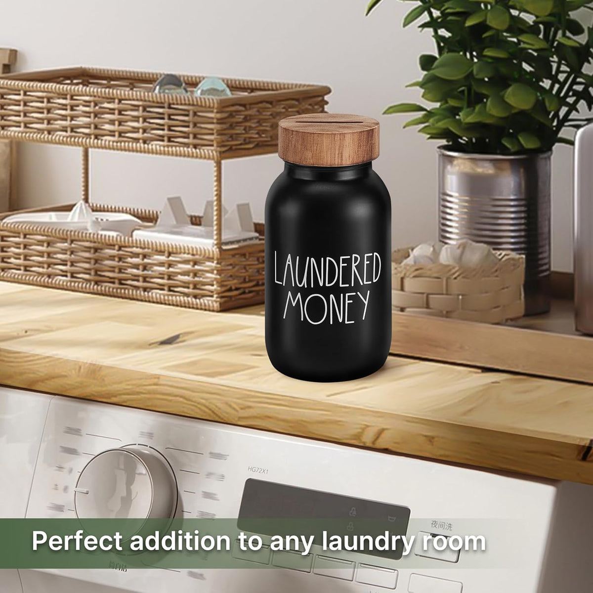 Laundry Room Decor Organization, Mason Jar Coin Bank with Wood Lid
