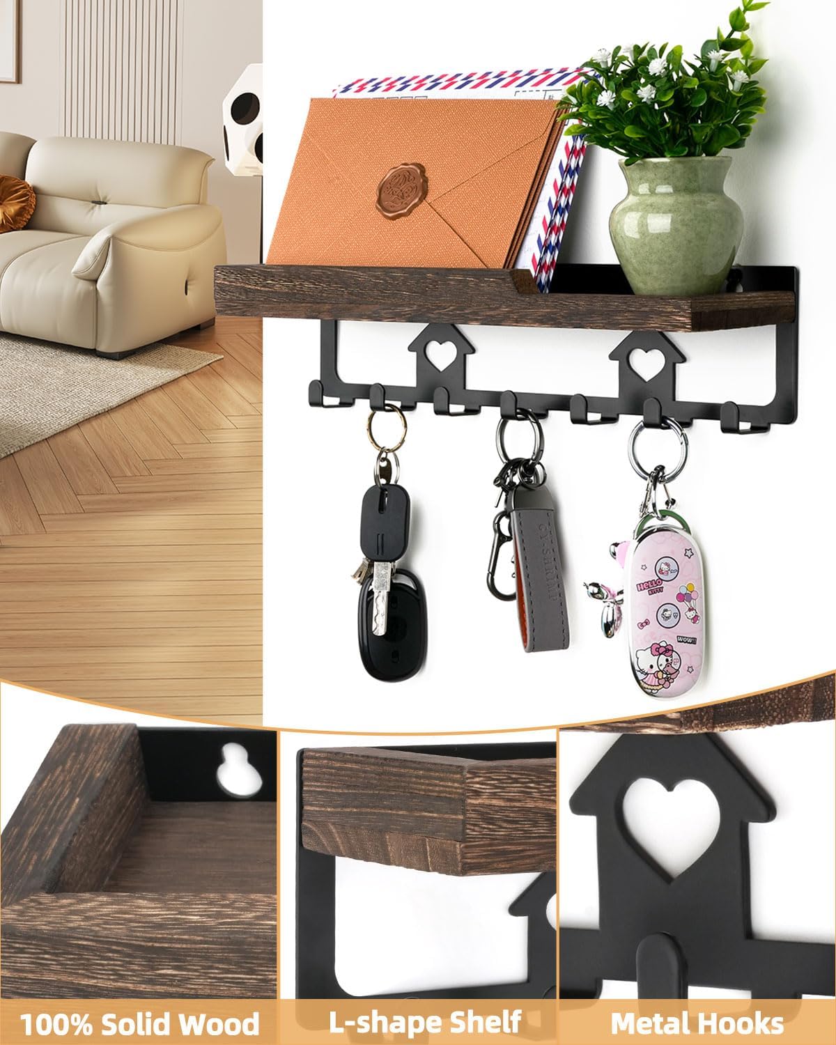 lucdnc Key Holder for Wall Mounted with Tray, 7 Hooks & Wood Shelf