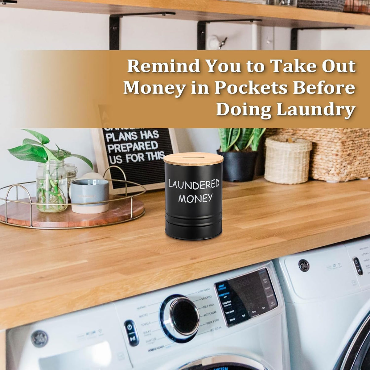 Laundry Room Coin Bank Jar with Money Slot and Wooden Lid, Black