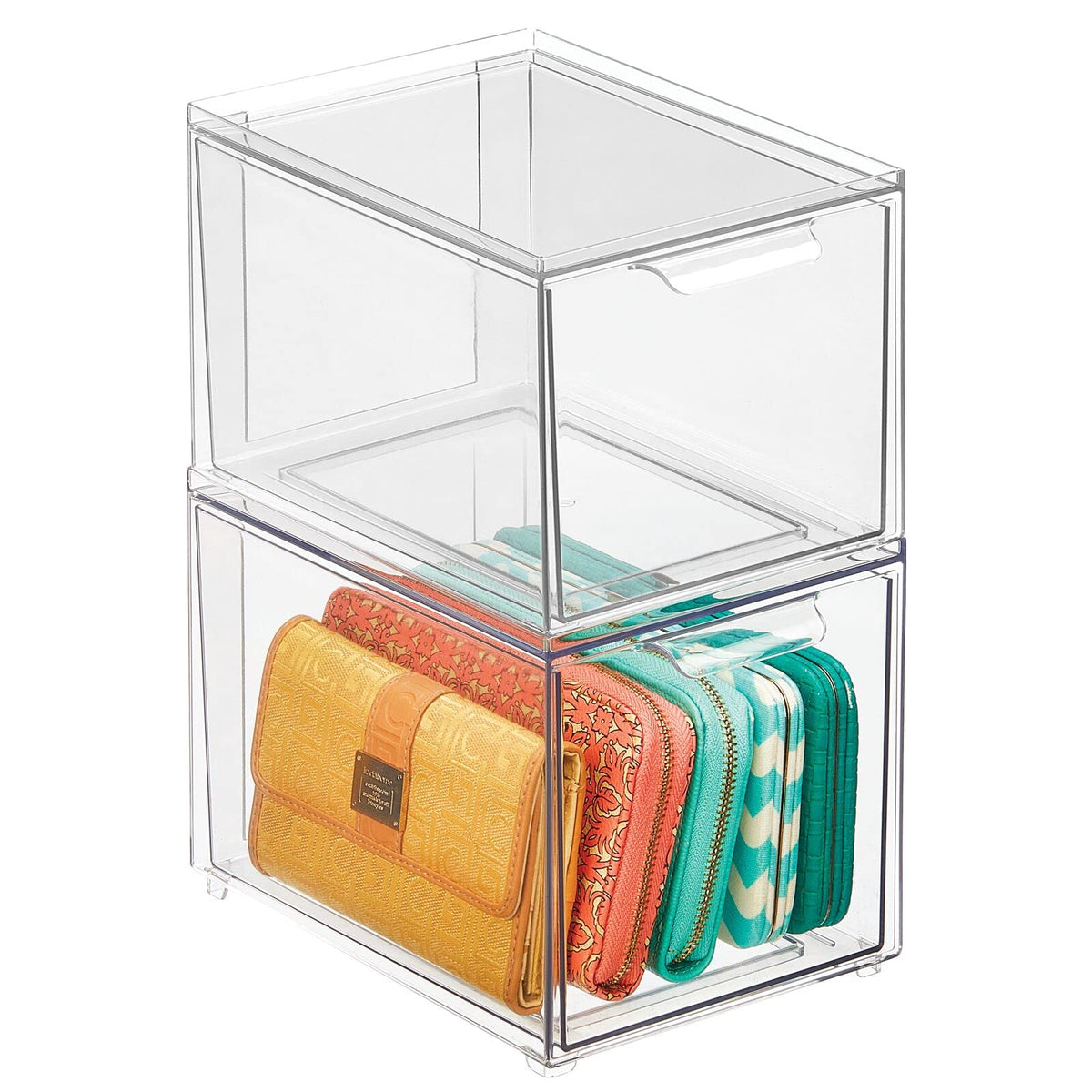 mDesign Shoe Storage Box with Drawer – Sturdy Plastic Storage Box for Shoes – Stackable Drawer Box for Shoes, Accessories and More – Pack of 4 – Clear