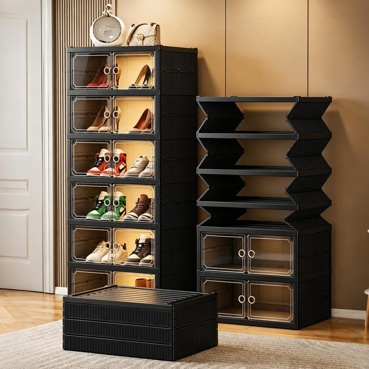 UFORU 9-Tier Black Foldable Shoe Rack,18-Pair Organizer with Magnetic Doors
