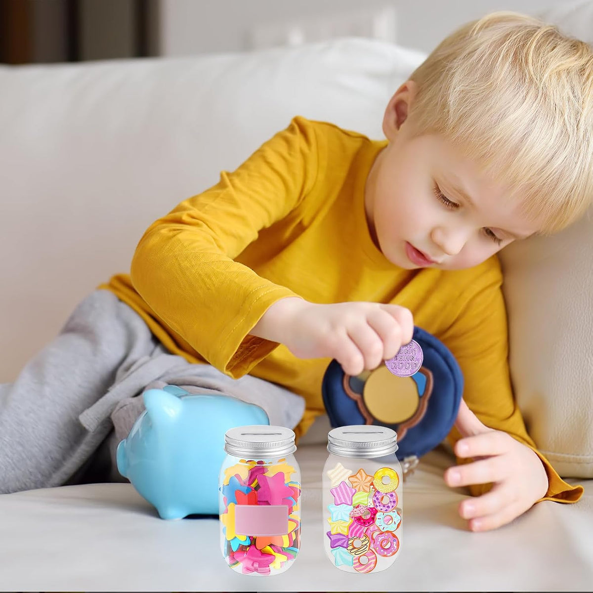 12 PCS Reward Coin Jars for Behavior Tokens, Clear Plastic Coin Reward Jars Token with Blank Labels for Behavior Management Teacher Teaching Supplies, 400 ml