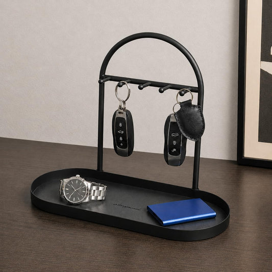 Shinpuru Key Holder Tray, Metal Stand with Leather Tray, 5 Hooks(Black)