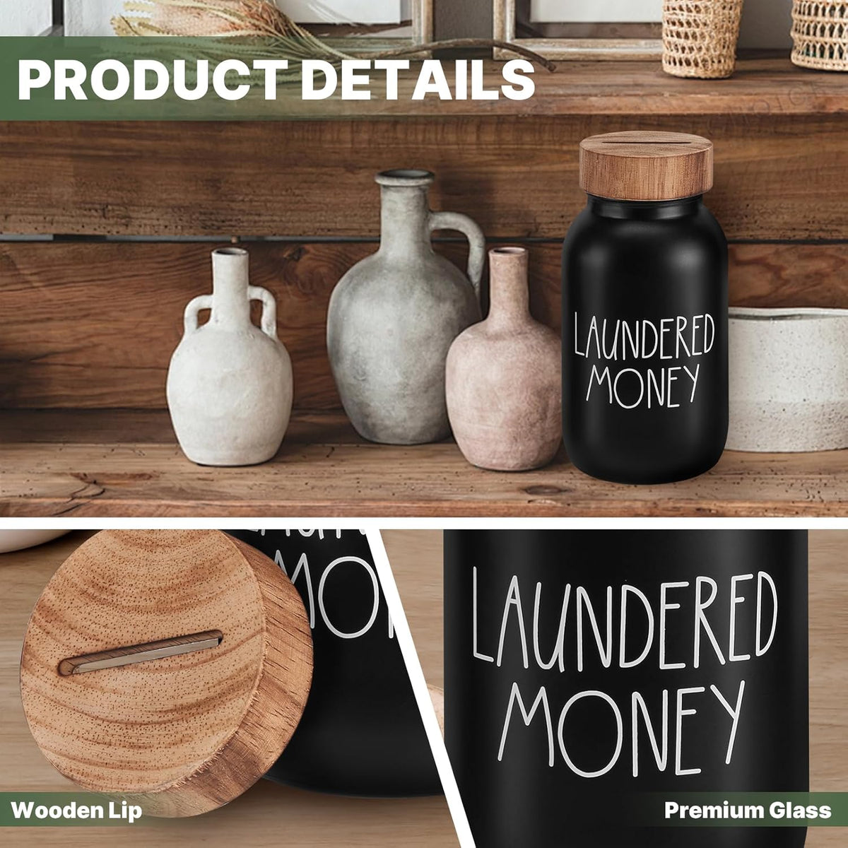 Laundry Room Decor Organization, Mason Jar Coin Bank with Wood Lid