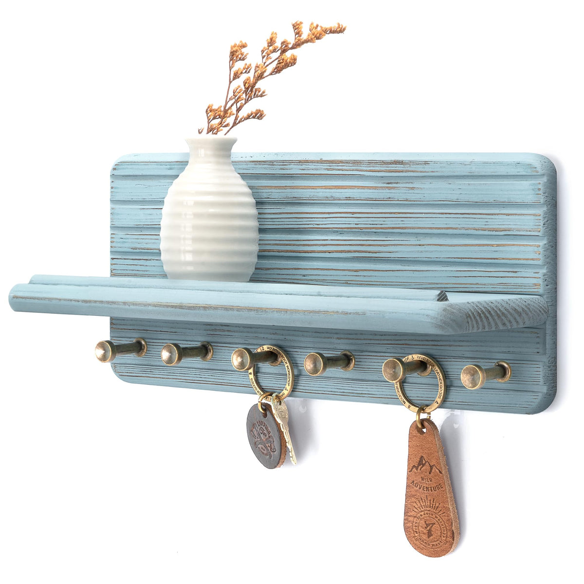 Rebee Vision Pine Wood Key Holder Wall Mount with Shelf for Entryway, Brown