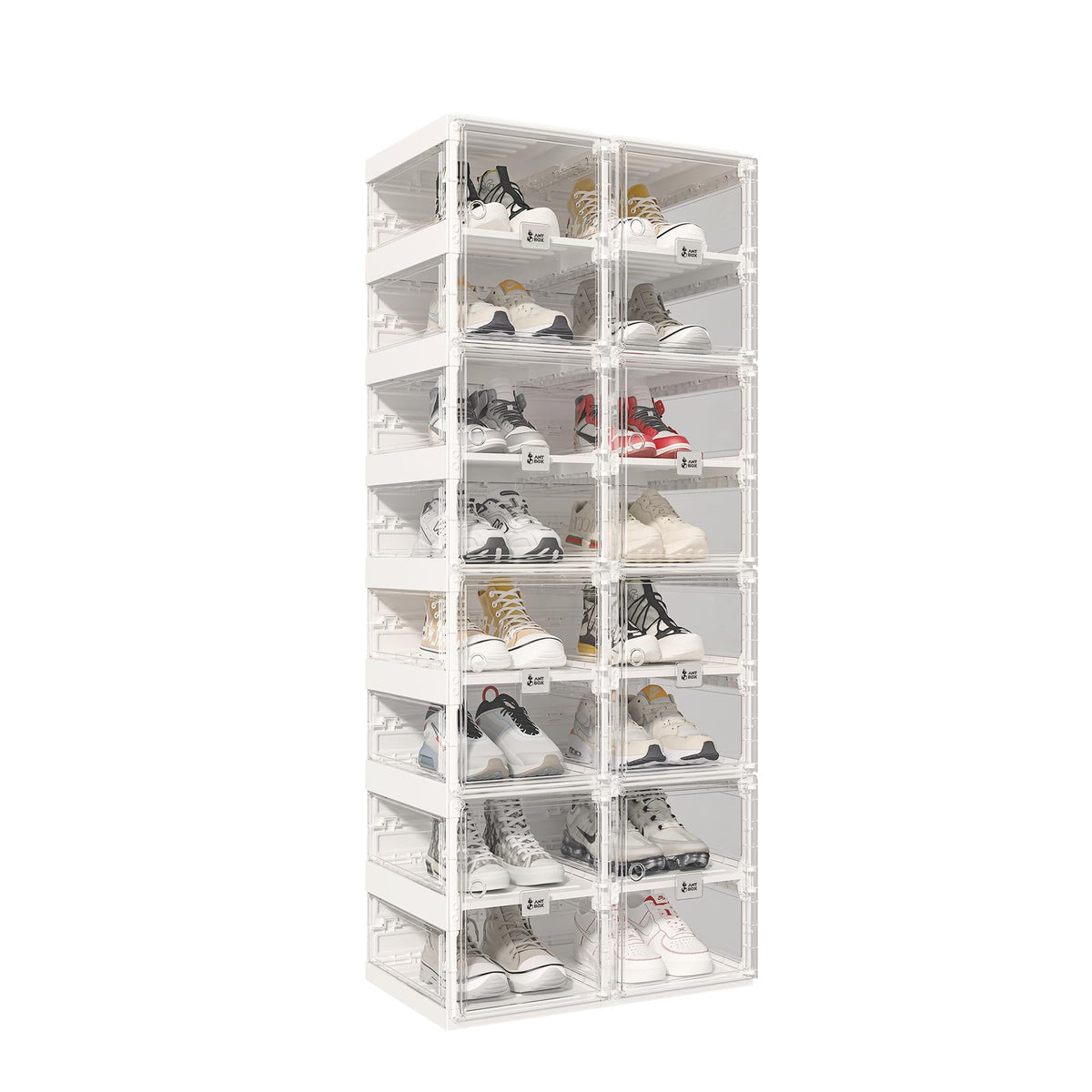 ANTBOX Foldable Shoe Rack,Shoe Organizers for Closet Plastic Shoe Storage Box Space Saving for Entryway, Large Sturdy Stackable Sneaker Cabinet Bins with Magnetic Clear Door 8 Tiers 16 Pairs