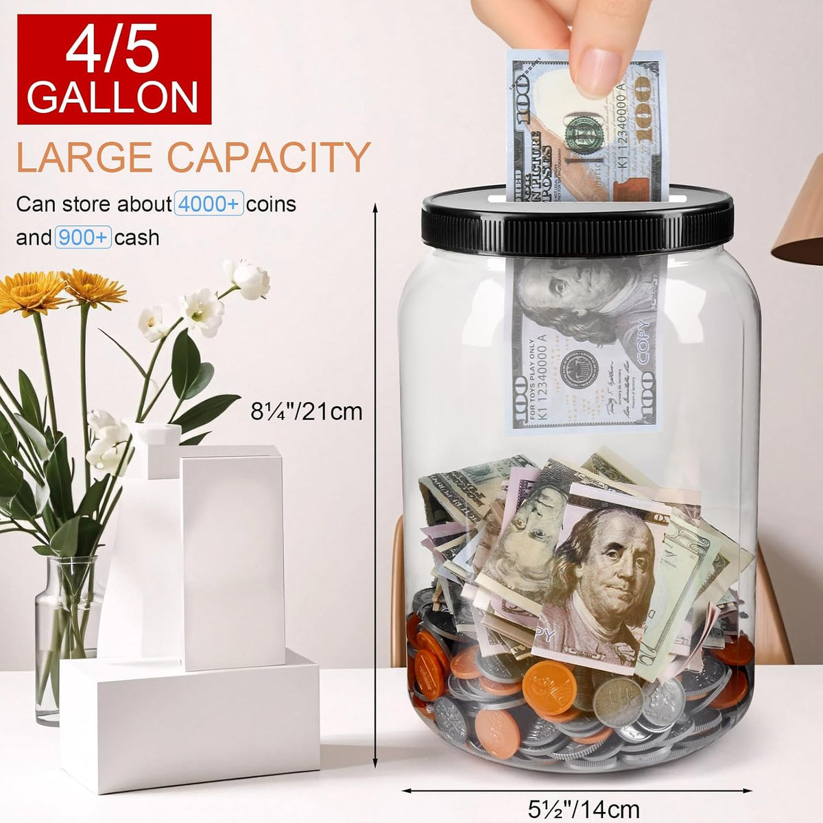 2 Pack Clear Large Piggy Bank with Slotted Lid, 4/5 Gallon Plastic Money Saving Jar Bank Box Container for Cash Saving, Money Coin Change Bank Penny Piggy Jar Bank for Adults Kids