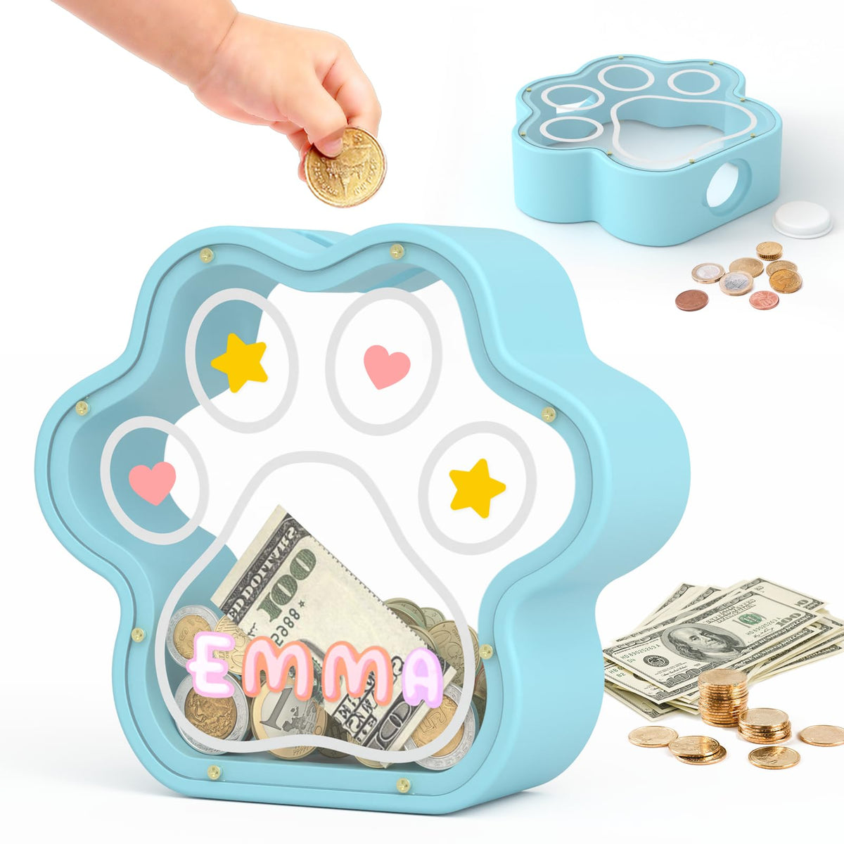 KMC Wooden Piggy Bank for Kids, Natural Cat Dog Paw Coin Bank with Stickers