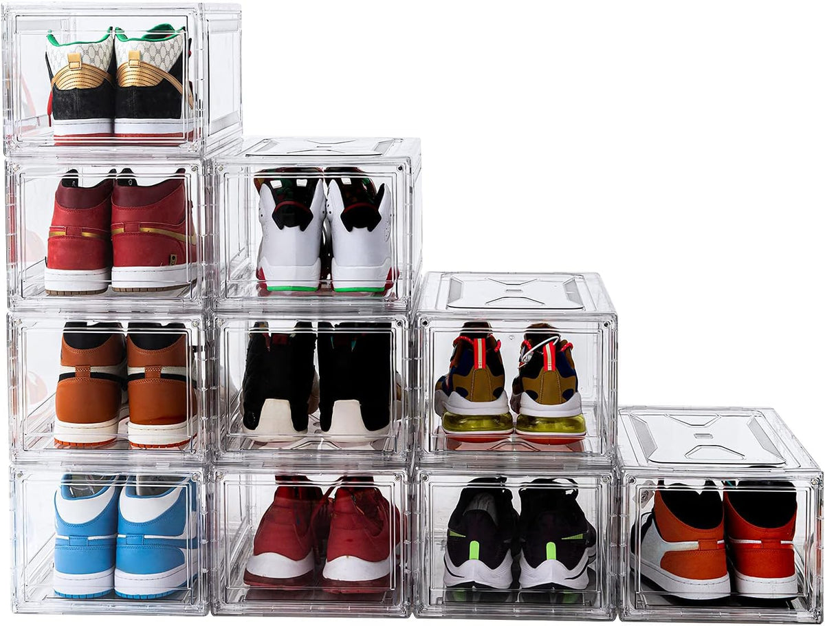 KDOR Clear Plastic Shoe box Organizer, 3 Pack Stackable Sneaker Boxes, Transparent Display Case with Magnetic lid, Tidy Home & Office Closet Storage