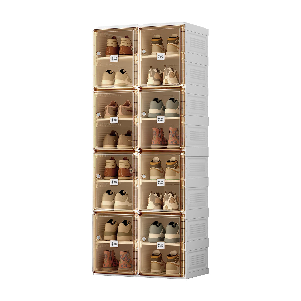 ANTBOX Shoe Organizer Storage Box, Portable Folding Shoe Rack For Closet With Magnetic Clear Door,Large Sneaker Cabinet Bins Sturdy Easy Assembly 8 Layers-16 Grids