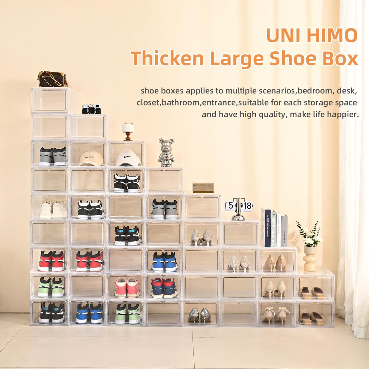 Shoe Organizer,Thicken & Sturdy Shoe Boxes with Magnetic Door,Stackable Plastic Shoe Storage Boxes Containersfor Sneakers,13.5" x 10.5" x 7.4" (Clear, 12 Pack)