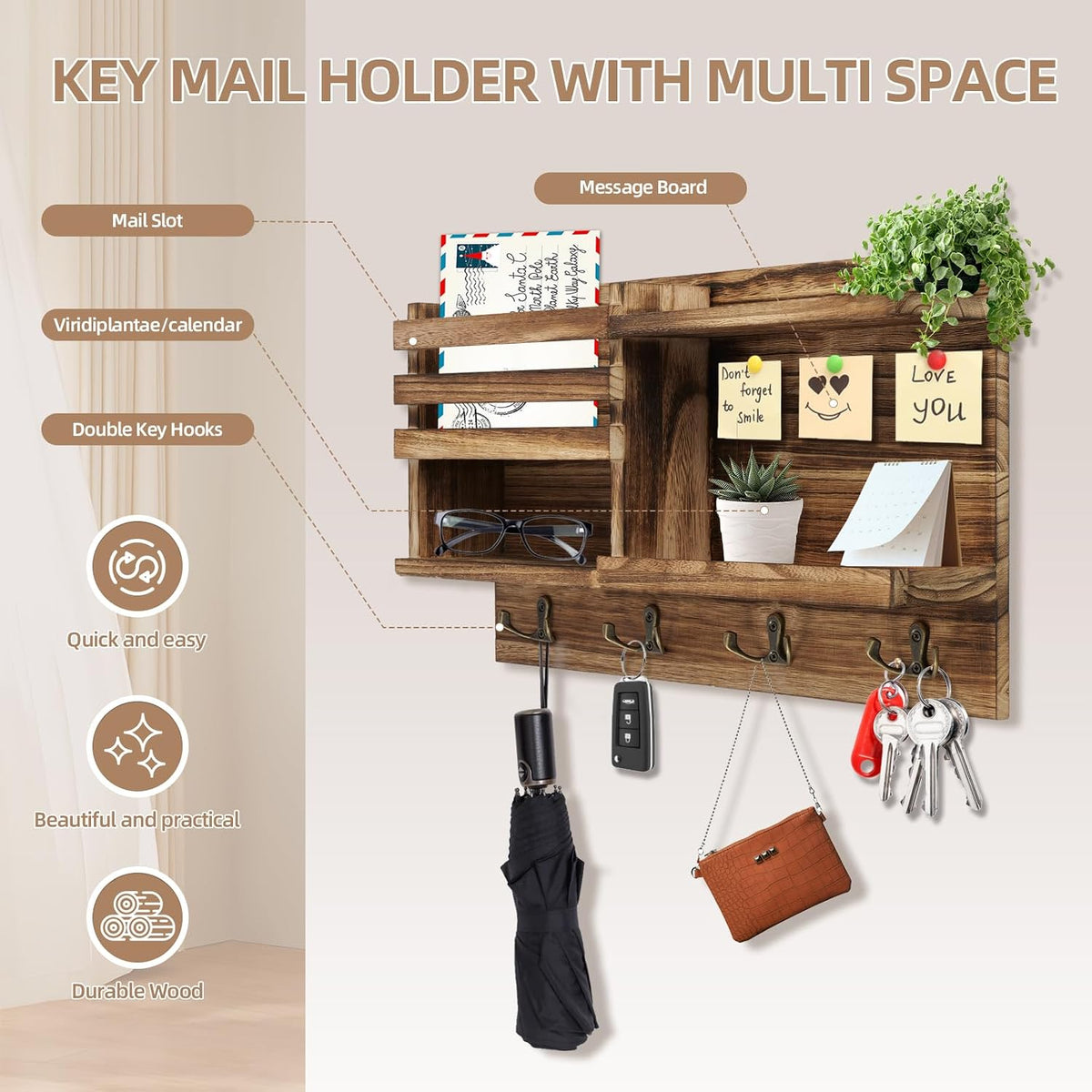 Key Holder Wall Mount, Wood Key and Mail Organizer for Wall, Burnt Brown