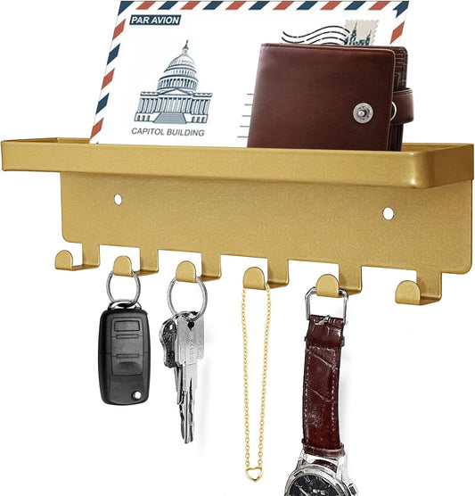 GTK Key Holder for Wall, Key Hooks with Tray and 6 Hooks, Wall Mounted Key Holder for Hallway, Key Rack with Shelf for Mail Storage (Gold)