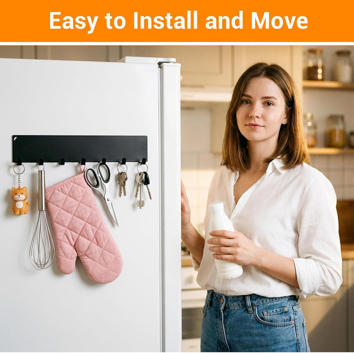 4 Pcs Magnetic Key Holder for Fridge, Heavy Duty Strong Key Rack Hanger with 6 Hooks, Magnetic Utensil Holder for Hanging Purse Kitchen Grill Tools Coat