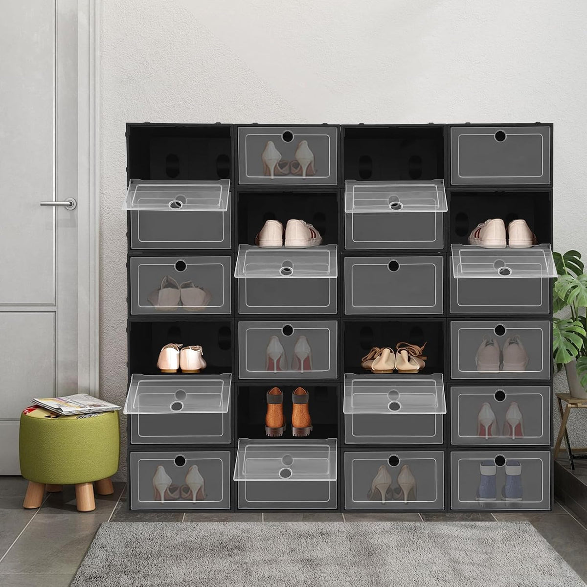 Shoe Storage Boxes 24 Pack Stackable Shoe Cabinet Organizer Sneaker Containers, Toy Storage Organizer Bins for Small Gear (Black)