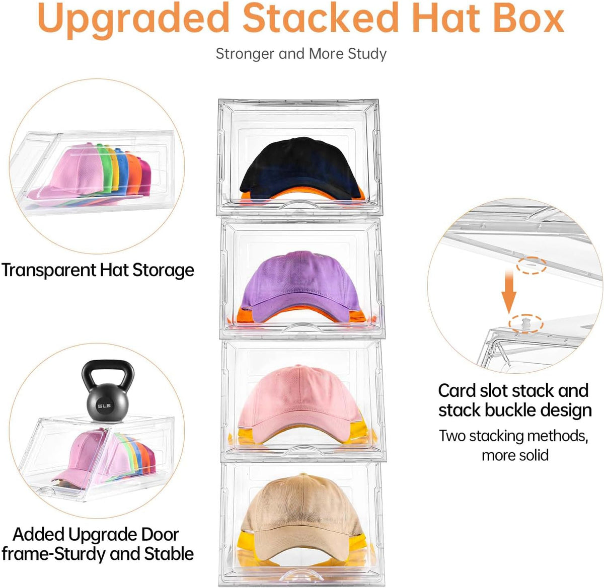 Stackable Clear Hat Organizer for Baseball Caps with Sliding Drawer