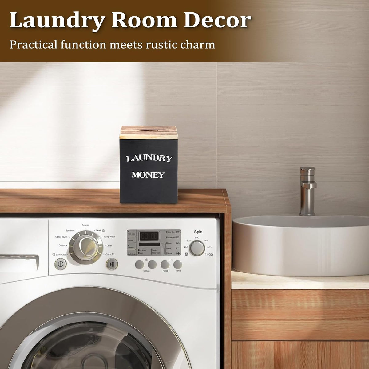 Wooden Piggy Bank for Laundry Room, Rustic Coin Jar with Money Slot