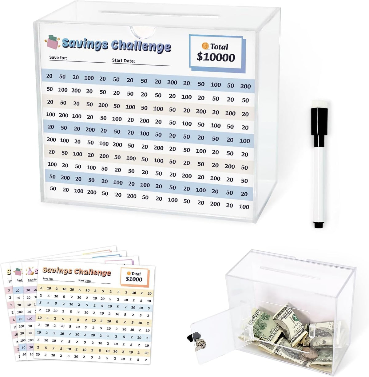 Clear Piggy Bank with Lock - Reusable Acrylic 10k Savings Box(Small)