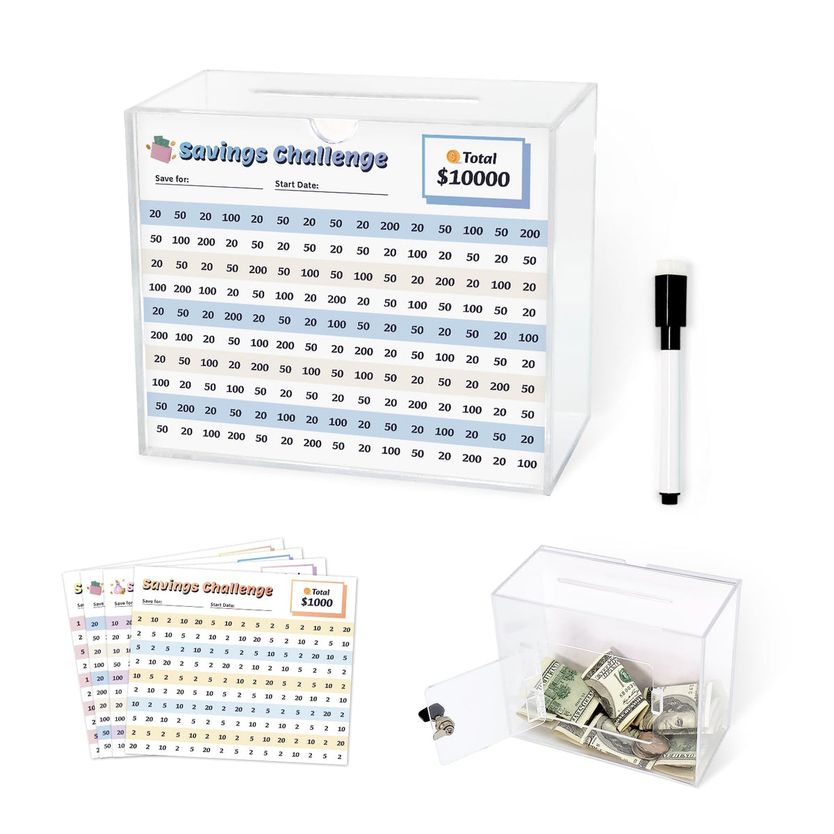 Clear Piggy Bank with Lock - Reusable Acrylic 10k Savings Box(Small)