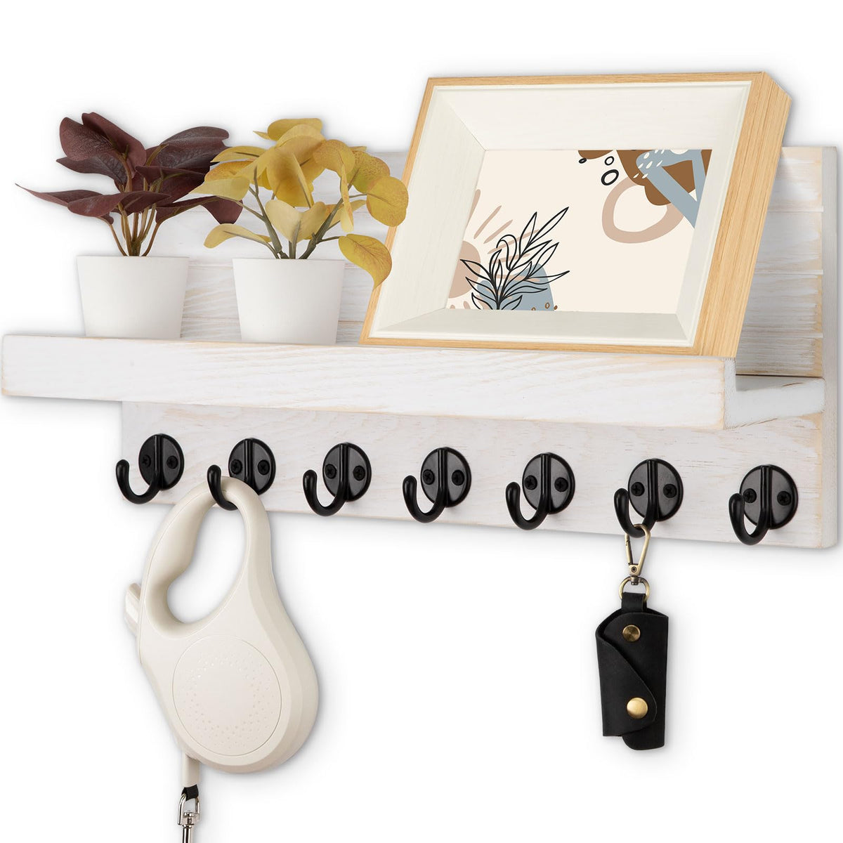 Lwenki Key Holder Wall Mount, Entryway Key and Mail Holder with 7 Sturdy Hooks for Sunglasses, Dog Leash, Decorative Wall Shelf with Mounting Hardware, 15”W x 6.7”H x 4.2”D