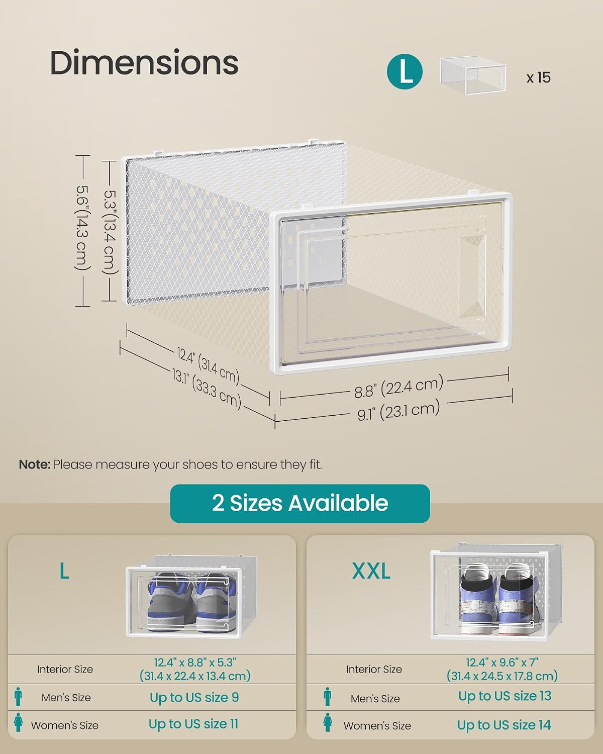 SONGMICS Shoe Boxes, Clear Plastic Sneaker Box, Pack of 15