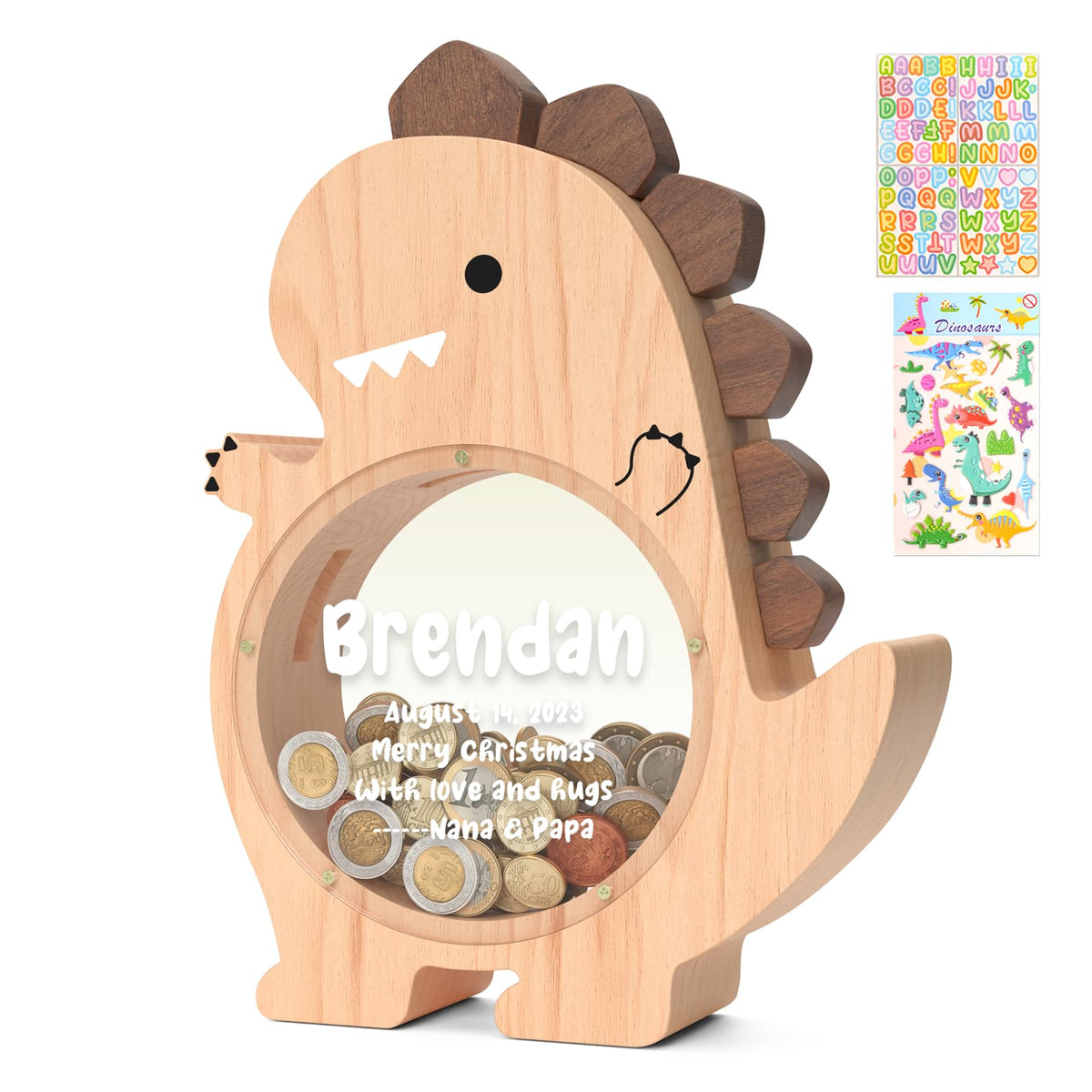 Summidate Wooden Dinosaur Piggy Bank, Large Clear Money Bank for Kids Boys