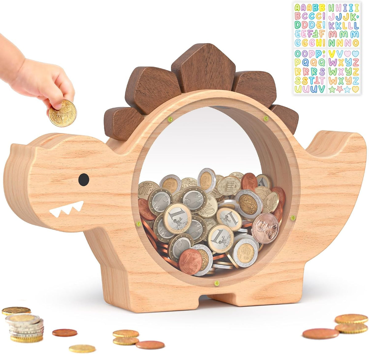 Summidate Wooden Dinosaur Piggy Bank, Large Clear Money Bank for Kids Boys