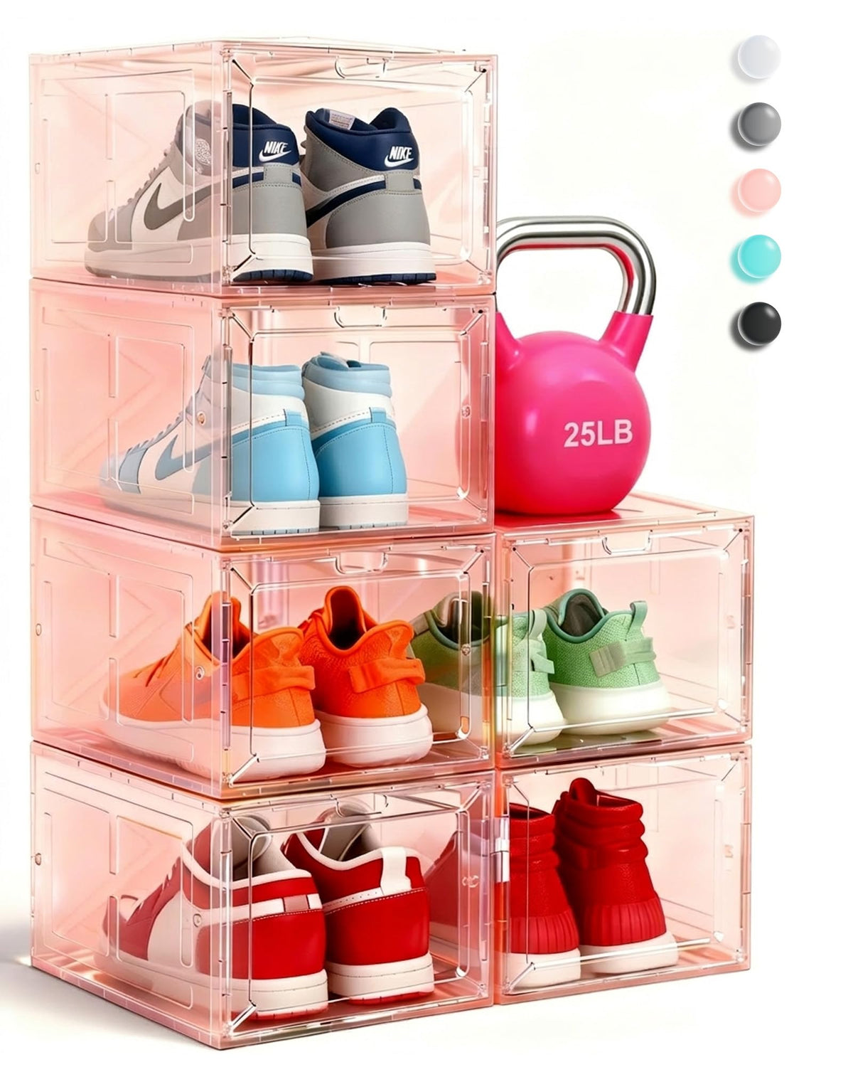 6 Pack Large Drop-Front Black Transparent Shoe Boxes, Stackable Sneaker Storage Container for Closet, Fits US Size 13+, Magnetic Front Door, Heavy-Duty Reinforced Plastic Shoe Organizer